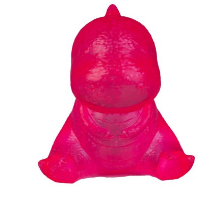 A bright hot pink dinosaur-shaped squishy toy, photographed against a solid white background.