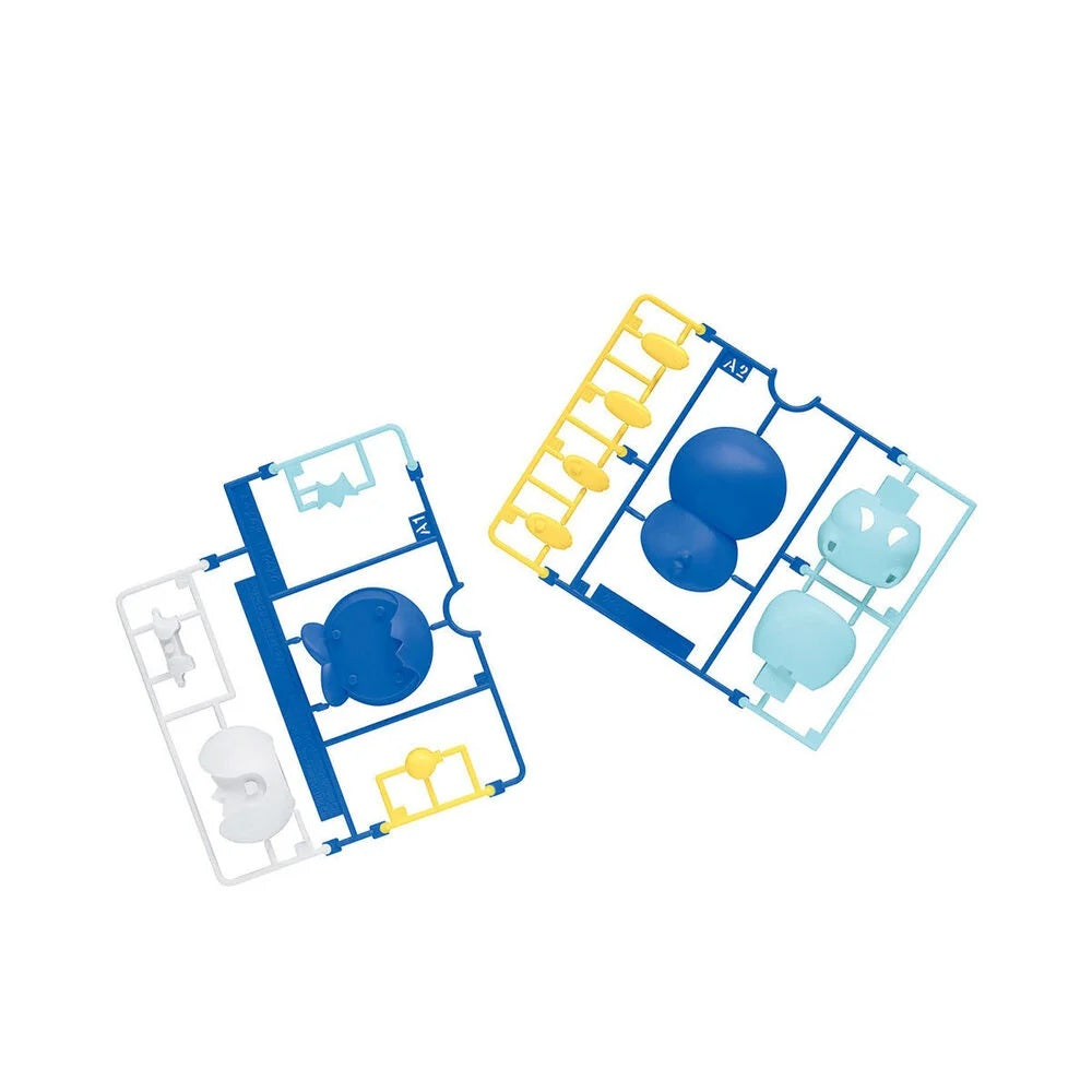 Two blue and yellow plastic components on a white background