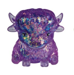 A small translucent purple bull figurine with iridescent glitter and small horn details, shown on a plain white background.