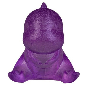 A purple, semi-translucent silicone squishy toy shaped like a small dinosaur or dragon, sitting on a plain white background.