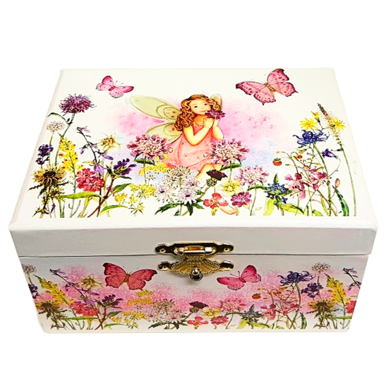 Decorative box with fairy and floral design on a white background