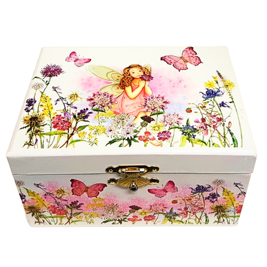 Decorative box with fairy and floral design on a white background