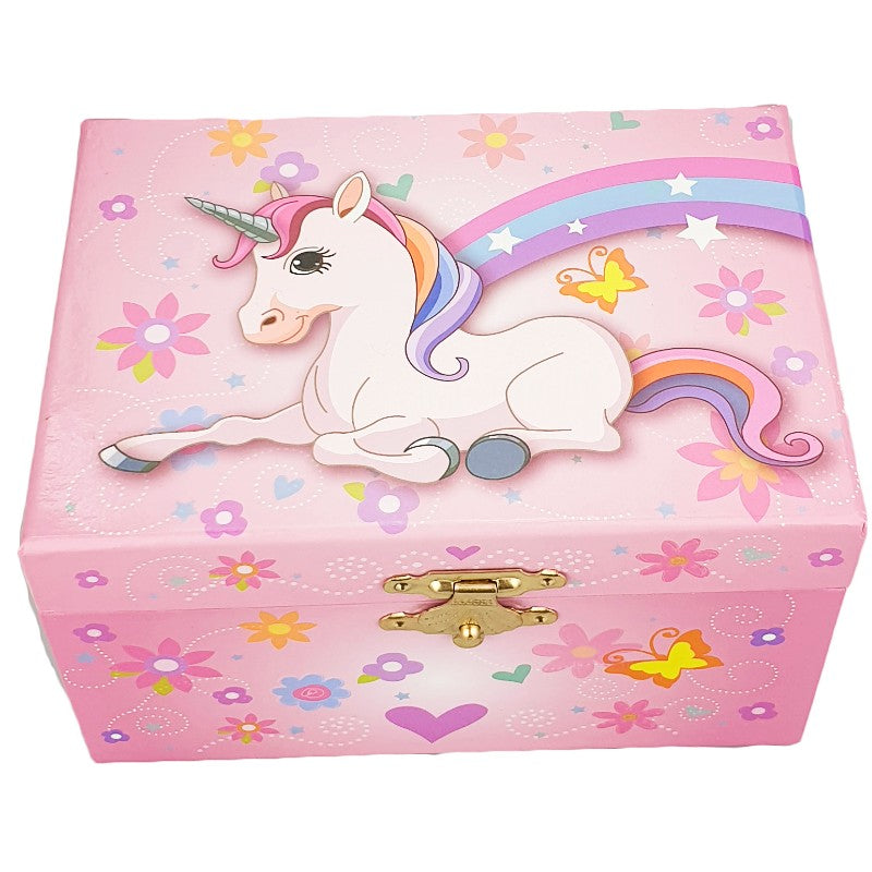 Pink jewelry box with a unicorn design on a white background