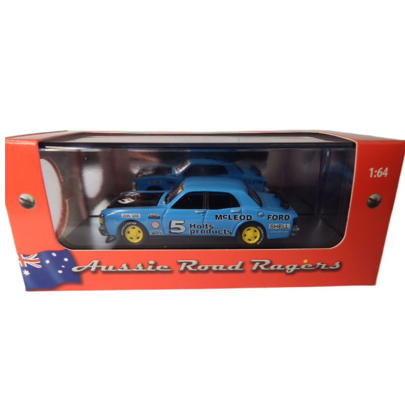 Model car in a clear display case with 'Aussie Road Ragers' branding on an orange box.