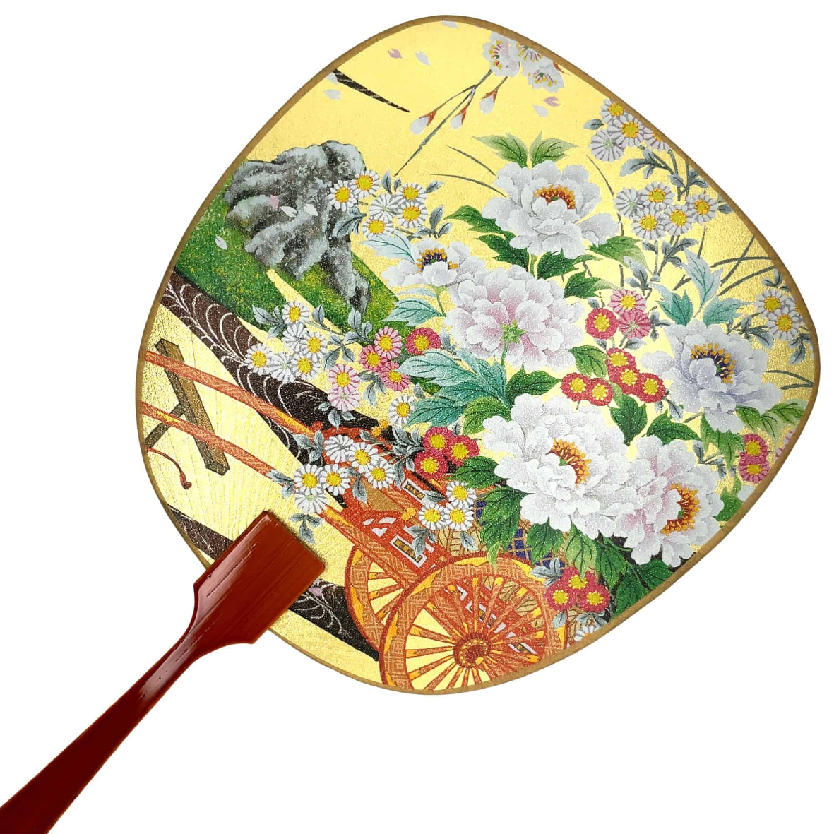 Fukui Fan Cards Large Pheony flowers and Dasies Red Cart