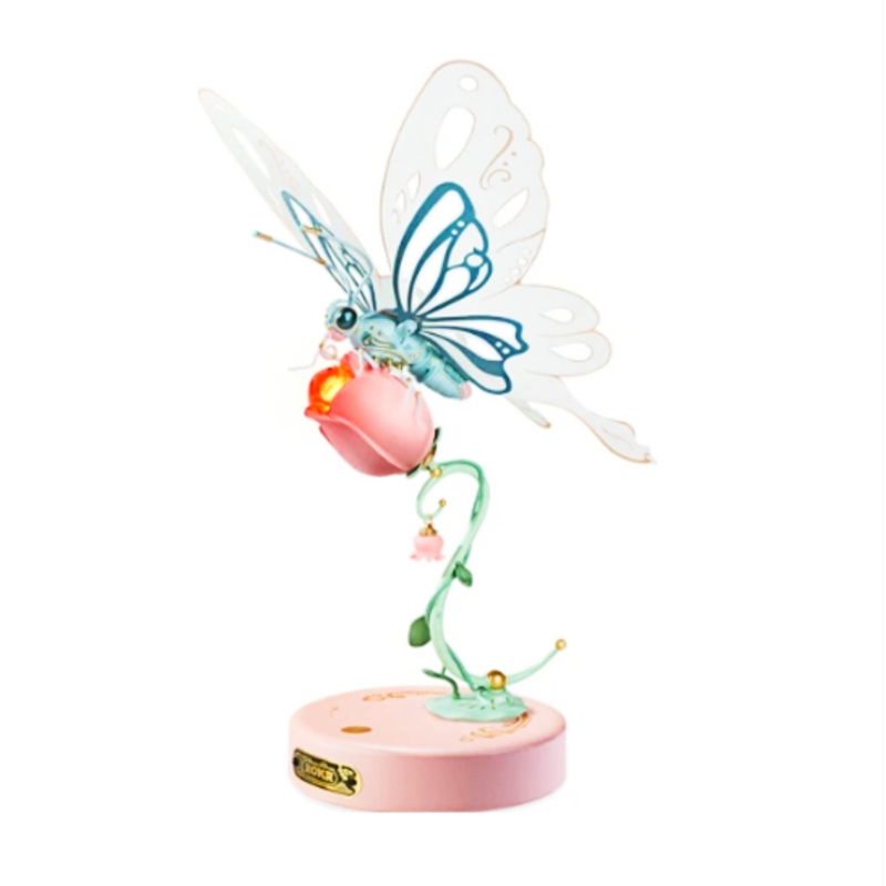 Robotime  ROKR Flower With Green Butterfly with transparent wings on white background