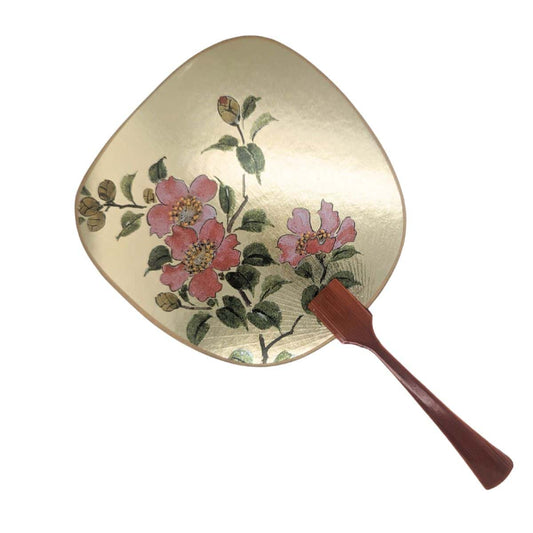 Large decorative hand fan with pink rose floral print and wooden handle