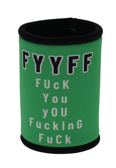 Green can cooler with black text on a white background