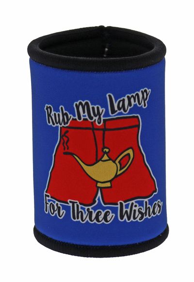 Blue can cooler with red underwear and lamp graphic, text 'Rub My Lamp For Three Wishes' on a white background.