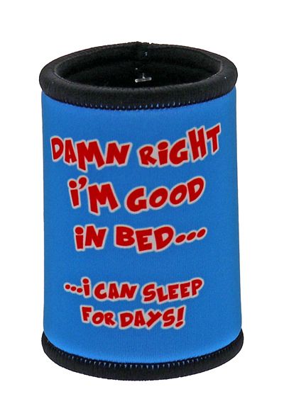 Blue can cooler with red text on a white background