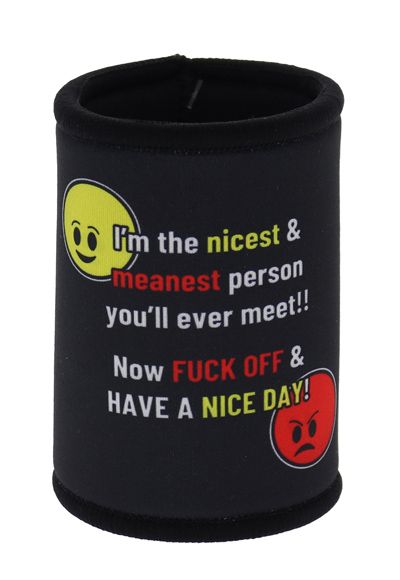 Black cup holder with humorous text and emojis on a white background