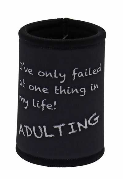 Black can cooler with humorous text on a white background