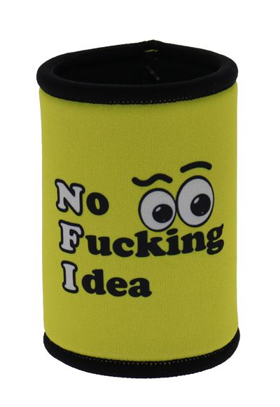 Yellow can cooler with black text and cartoon eyes on a white background