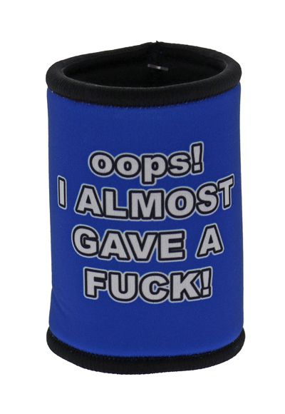 Blue can cooler with black text on a white background