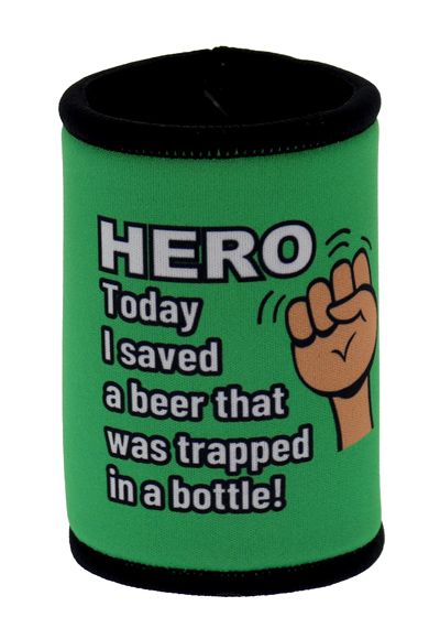 Green can cooler with text and graphic design on a white background