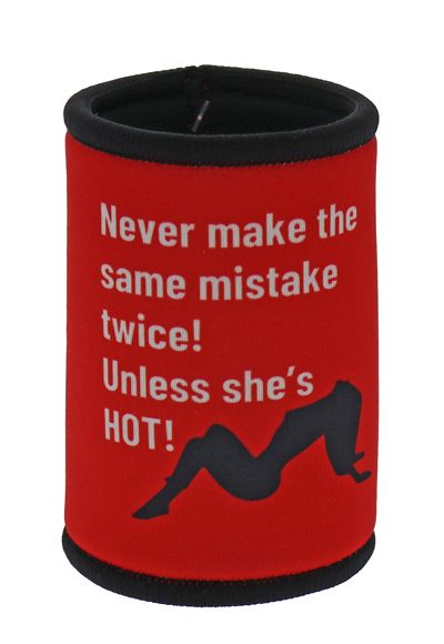 Red can cooler with humorous text and silhouette design on a white background