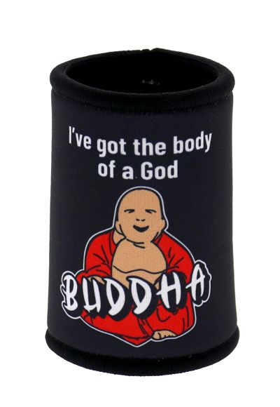 Black can cooler with Buddha graphic and text on a white background
