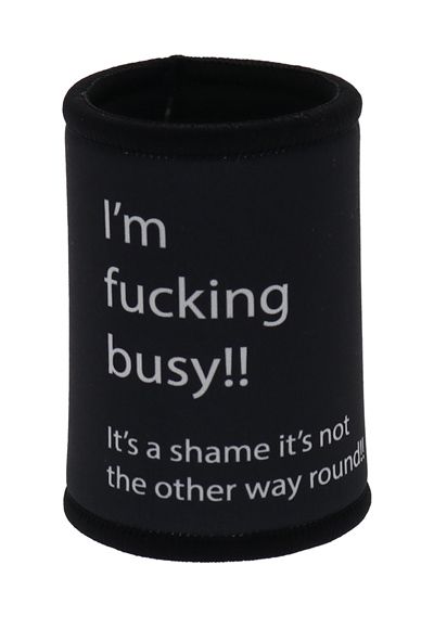 Black can cooler with white text on a white background