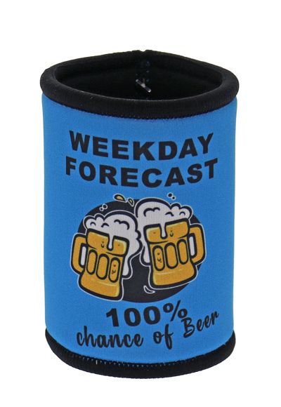 Blue can cooler with beer graphics and text on a white background