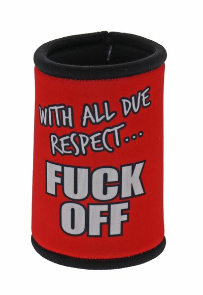 Red can cooler with black text on a white background