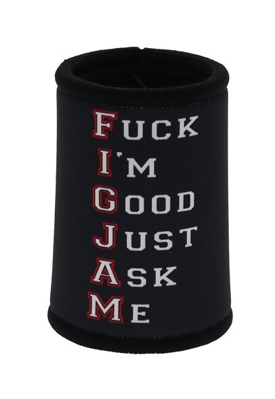 Black can cooler with text on a white background
