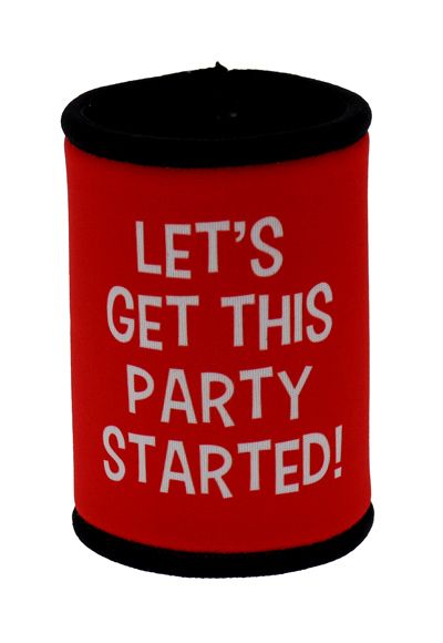 Red can cooler with black rim and white text on a white background