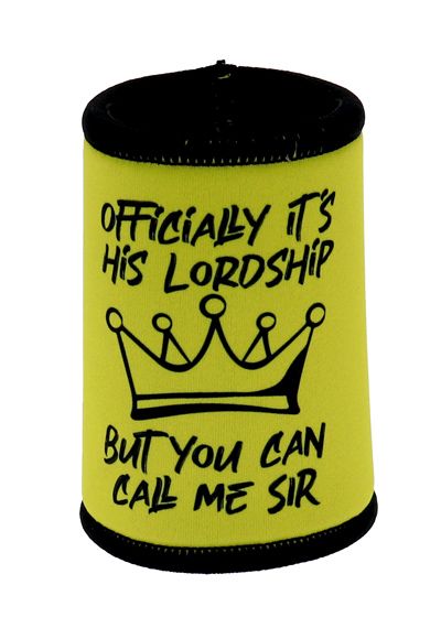 Yellow can cooler with black text and crown graphic on a white background