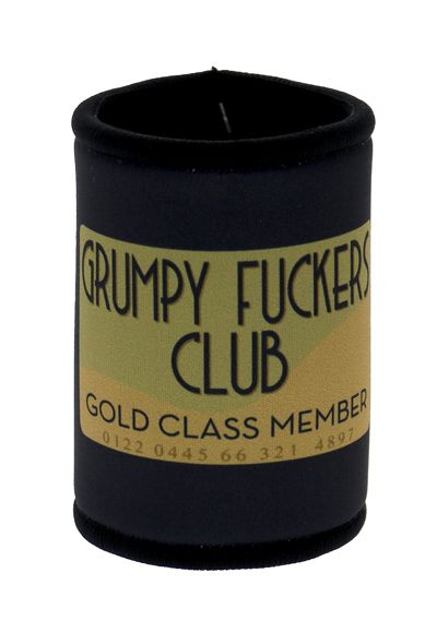 Cylindrical black container with 'Grumpy F**ker's Club' label on a white background
