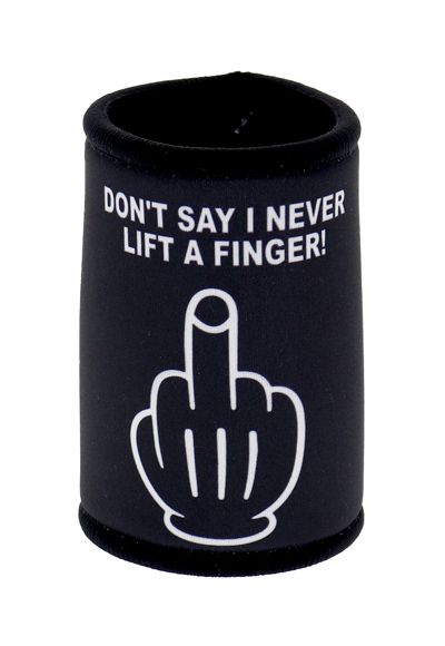 Black can cooler with middle finger gesture and text on a white background