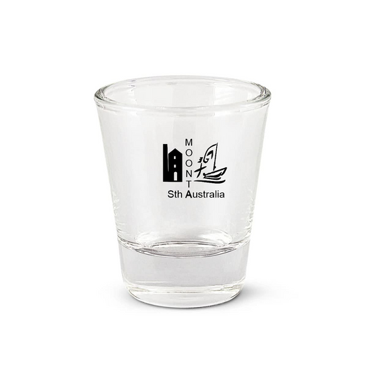 Clear glass shot glass with 'Moonta Sth Australia' text and logo on a white background
