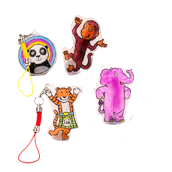 Four colorful cartoon animal charms with attached lanyards, including a panda in a rainbow circle, a monkey, an elephant, and a tiger, shown on a plain white background.