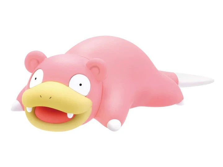 Pink cartoon-like creature with a yellow mouth on a white background