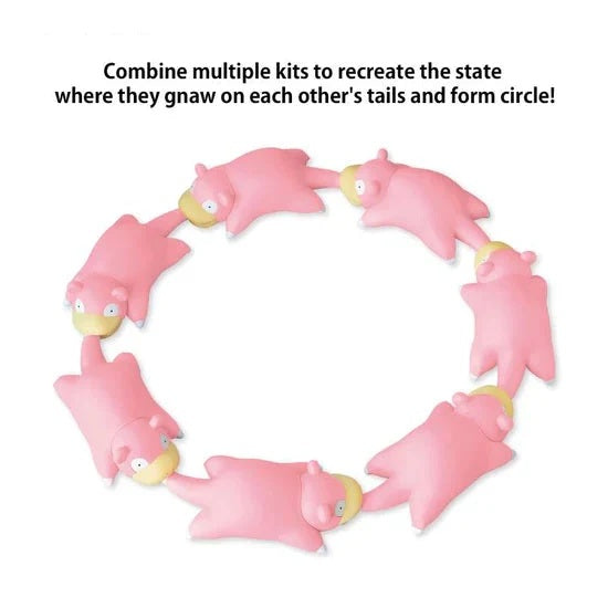 A set of pink Stalvenus toy figures arranged in a circle on a white background, with instructional text at the top explaining how to combine multiple kits to recreate their gnawing circle formation.