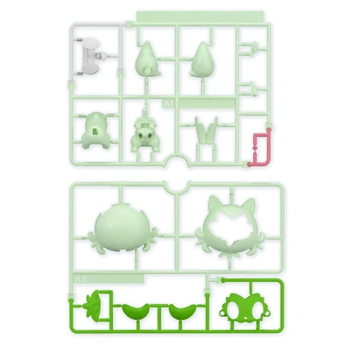 Two plastic sprues with unpainted miniature figurines and accessories, shown on a solid white background. The top sprue contains light green and white pieces, and the bottom sprue contains light green pieces, including a cat face and leaf shapes.