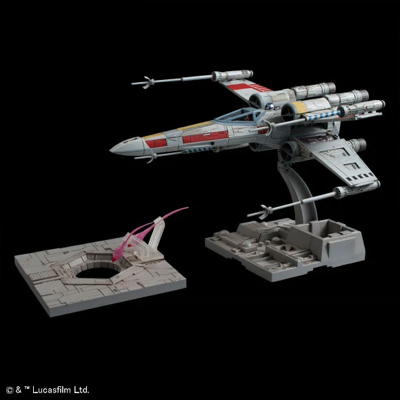 A detailed model or scale photo of a Star Wars X-wing TIE fighter, and stand