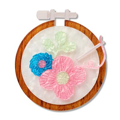 Wooden embroidery hoop with floral designs on a white background