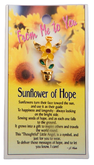 Sunflower-themed pendant with 'Sunflower of Hope' message on a yellow background