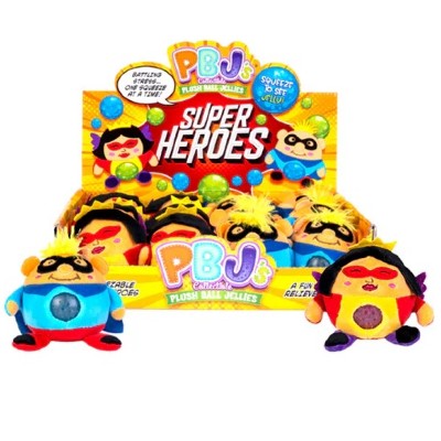 Display of Super Heroes PBJs toys with packaging on a white background