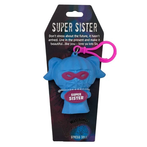 Blue stress ball with pink accent and 'Super Sister' text on packaging