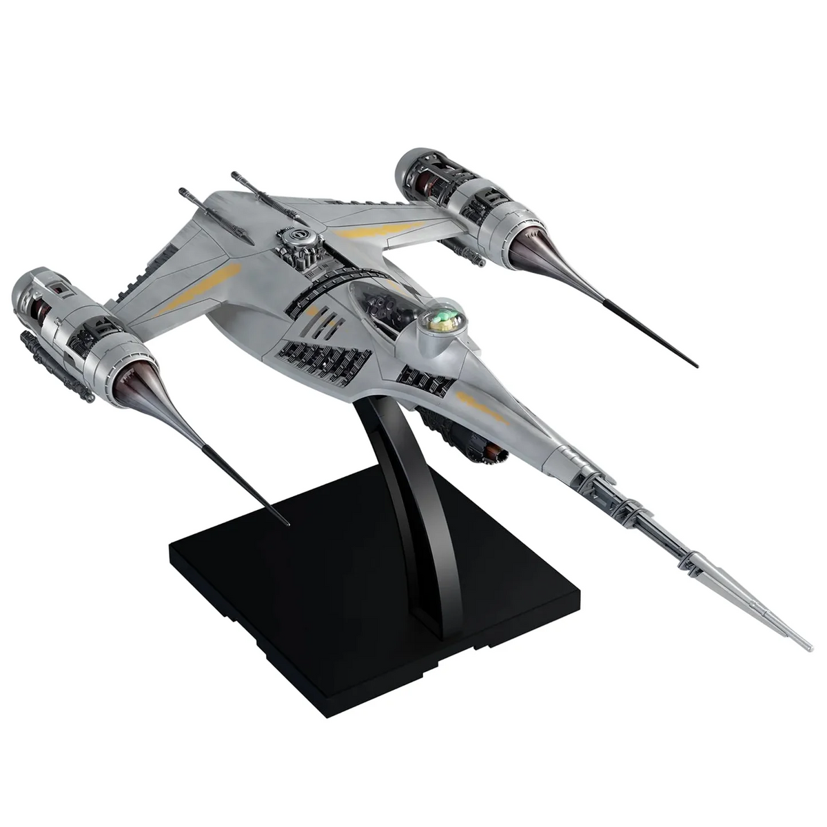 Model of a spaceship on a stand with a white background