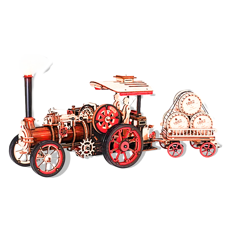 rokr mechanical model of a steam traction engine on white background