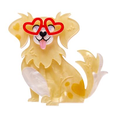  An  erstwilder dog brooch  character with heart-shaped glasses on a white background