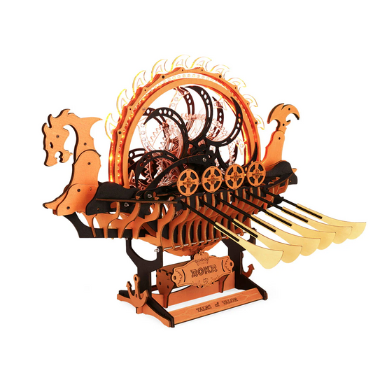 Wooden mechanical model of a dragon with gears on a white background