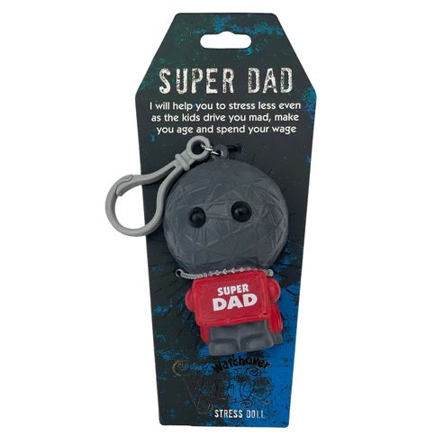 Stress doll with 'Super Dad' label on packaging