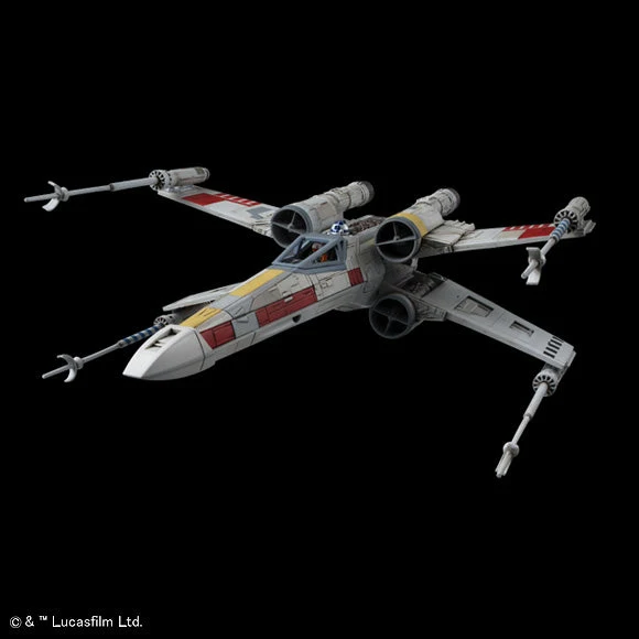 A detailed model of an X-wing Starfighter spacecraft from Star Wars, shown against a solid black background. The ship features its signature gray and white paint scheme with red and yellow accent markings.