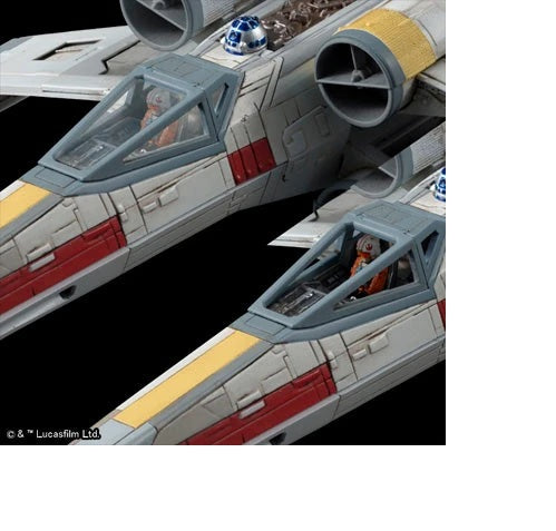 Close-up of a Star Wars X-wing Starfighter model or toy, showing the cockpit, engines, and side panel details against a black background. A small R2-D2 figure is visible near the top, and a Lucasfilm copyright mark appears in the lower left corner.