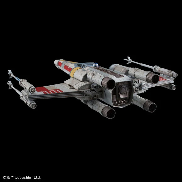 A detailed model of a Star Wars X-wing TIE fighter, shown from a three-quarters perspective against a solid black background. The model features a weathered gray and white paint scheme with red and yellow markings, and is accompanied by small attached blasters and lightsabers.