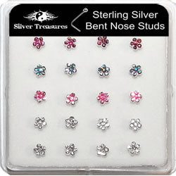 Sterling Silver Flower Jewelled L-shape Nose Studs