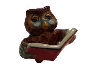 image  Brown Owl reading Red Book with blue glasses Ceramic Miniature bird figurine