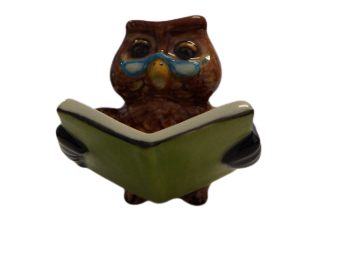 image Book Owl  Green ceramic miniature bird figurine